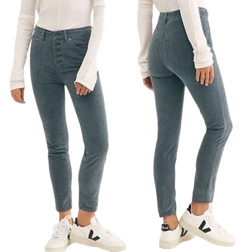 Free People High-Rise Skinny Corduroy Pants in Teal Green